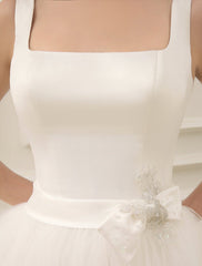 Simple Wedding Dresses Satin Square Neck Applique Short Bridal Dress With Beading Bow Sash Exclusive