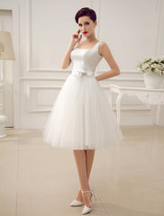 Simple Wedding Dresses Satin Square Neck Applique Short Bridal Dress With Beading Bow Sash Exclusive