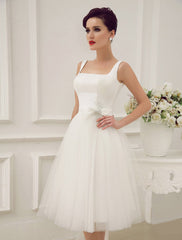 Simple Wedding Dresses Satin Square Neck Applique Short Bridal Dress With Beading Bow Sash Exclusive
