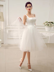 Simple Wedding Dresses Satin Square Neck Applique Short Bridal Dress With Beading Bow Sash Exclusive