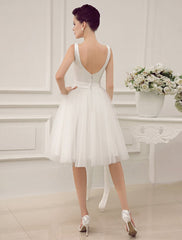Simple Wedding Dresses Satin Square Neck Applique Short Bridal Dress With Beading Bow Sash Exclusive