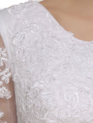 Simple Wedding Dresses Short Lace Applique Illusion Half Sleeve Tea Length Bridal Dress