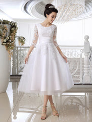Simple Wedding Dresses Short Lace Applique Illusion Half Sleeve Tea Length Bridal Dress