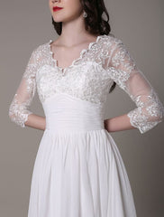 Simple Wedding Dressses Chiffon V Neck Lace A Line pleated Bridal Dress