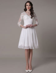 Simple Wedding Dressses Chiffon V Neck Lace A Line pleated Bridal Dress