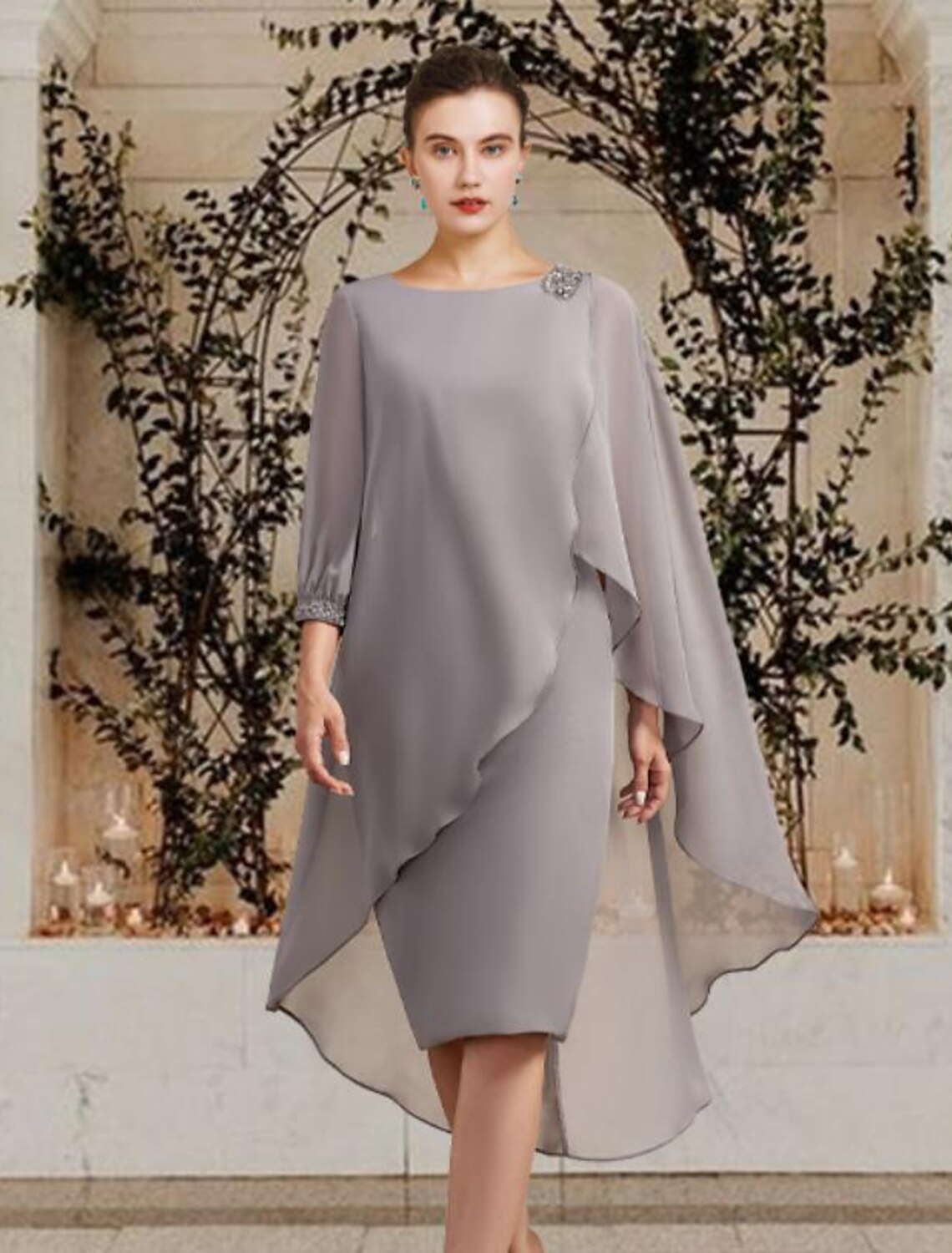 Wholesale Sheath / Column Mother of the Bride Dress Wedding Guest Elegant Jewel Neck Floor Length Chiffon 3/4 Length Sleeve with Beading Sequin Fall