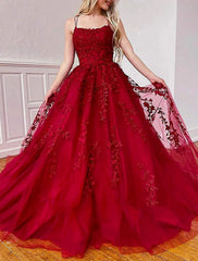 A-Line Prom Dresses Floral Dress Formal Wedding Guest Chapel Train Sleeveless Spaghetti Strap Tulle with Appliques
