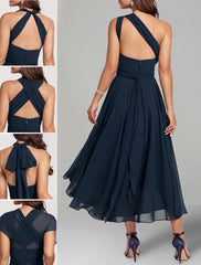 Aimishang A-Line Blue Wedding Guest Dresses Convertible Infinity Mother Dress Formal Tea Length Sleeveless One Shoulder Chiffon with Ruched