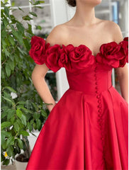 A-Line Prom Dresses Sexy Dress Wedding Guest Wedding Party Court Train Short Sleeve Off Shoulder Taffeta with Buttons Slit Appliques
