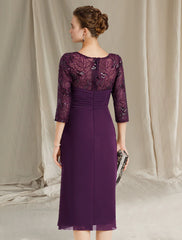 Sheath / Column Mother of the Bride Dress Plus Size Elegant Jewel Neck Knee Length Stretch Chiffon Short Sleeve with Sequin Side-Draped