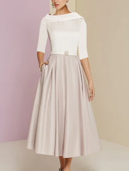 A-Line Mother of the Bride Dress Wedding Guest Elegant Vintage Jewel Neck Tea Length Charmeuse Half Sleeve with Pleats Crystals