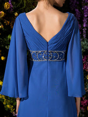 A-Line Mother of the Bride Dress Vintage Inspired V Neck Floor Length Chiffon Long Sleeve with Crystals Beading Side