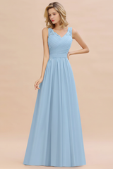 Modest Floral Lace A-line Bridesmaid Dress V-Neck Ruched Chiffon Wedding Guest Dress