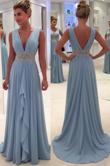 Sky Blue A Line Deep Neck Sleeveless V Back Beading Pleats Chiffon Long Prom Dress