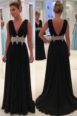 Sky Blue A Line Deep Neck Sleeveless V Back Beading Pleats Chiffon Long Prom Dress