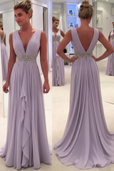 Sky Blue A Line Deep Neck Sleeveless V Back Beading Pleats Chiffon Long Prom Dress