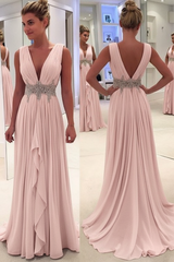Sky Blue A Line Deep Neck Sleeveless V Back Beading Pleats Chiffon Long Prom Dress