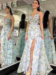 Sky Blue Floral Prom Dresses with Slit V-neck Flower Blossom Formal Dresses FD3800