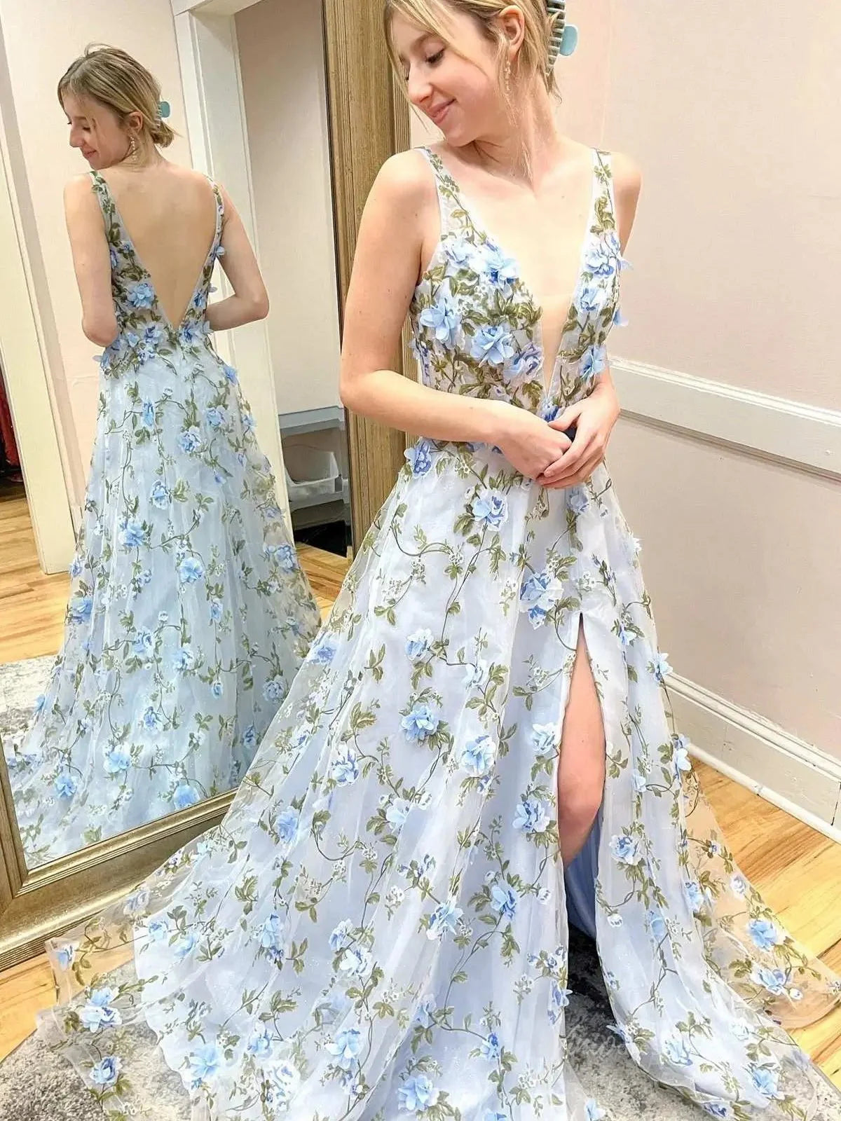 Sky Blue Floral Prom Dresses with Slit V-neck Flower Blossom Formal Dresses FD3800