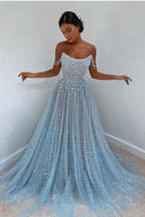 Sparkly Sky Blue Off-the-Shoulder Prom Dress Long with Sequins