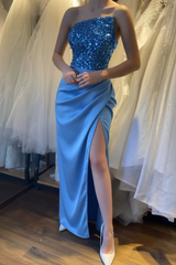 Glamorous Satin Black Prom Dress with Sequins Sleeveless High Slit Evening Dress