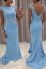 Navy Blue Sequined Fitted Cap Sleeve Mermaid Prom Dress Formal Gown