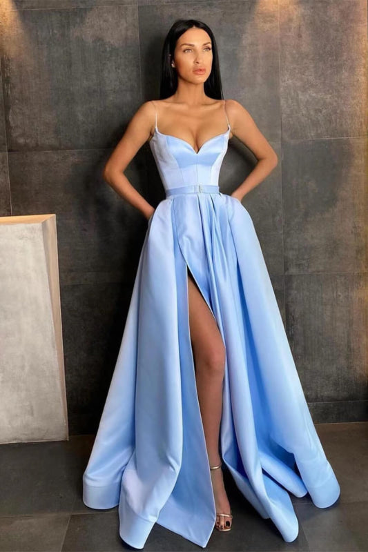 Sky Blue Spaghetti Straps Prom Dress Side Split with Pockets