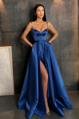 Sky Blue Spaghetti Straps Prom Dress Side Split with Pockets