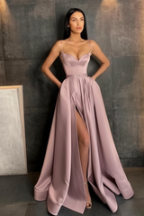 Sky Blue Spaghetti Straps Prom Dress Side Split with Pockets