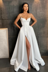 Sky Blue Spaghetti Straps Prom Dress Side Split with Pockets