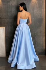 Sky Blue Spaghetti Straps Prom Dress Side Split with Pockets