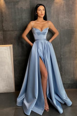 Sky Blue Spaghetti Straps Prom Dress Side Split with Pockets