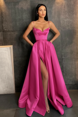 Sky Blue Spaghetti Straps Prom Dress Side Split with Pockets