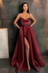 Sky Blue Spaghetti Straps Prom Dress Side Split with Pockets