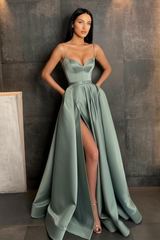 Sky Blue Spaghetti Straps Prom Dress Side Split with Pockets