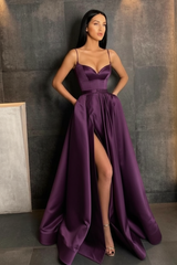 Sky Blue Spaghetti Straps Prom Dress Side Split with Pockets