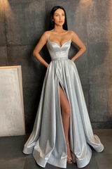 Sky Blue Spaghetti Straps Prom Dress Side Split with Pockets