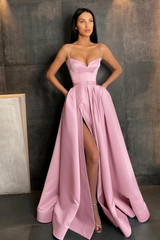 Sky Blue Spaghetti Straps Prom Dress Side Split with Pockets