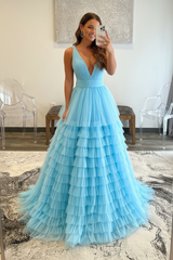 V Neck Layered Tulle Long Prom Dresses Orange Aline Formal Evening Dresses