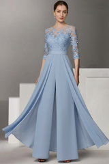 Half Sleeves Chiffon Mother of Bride Jumpsuit with Appliques