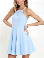 A Line Open Back Short Sky Blue Prom Dresses, Backless Short Blue Formal Dresses, Light Blue Graduation Homecoming Dresses