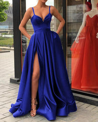 Custom Made A Line Champagne/ Royal Blue/ Burgundy/ Black Spaghetti Straps Prom Dress with High Slit, Ball Dresses, Formal Graduation Dresses