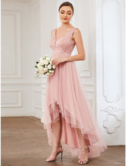 A-Line Bridesmaid Dress V Neck Sleeveless Elegant Short / Mini Lace / Tulle with Draping / Ruching  / High Low
