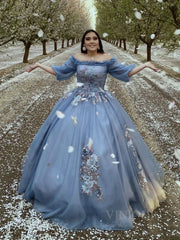 Slate Blue Long Prom Dresses Off the Shoulder Princess Dress FD1042