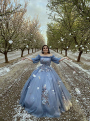Slate Blue Long Prom Dresses Off the Shoulder Princess Dress FD1042