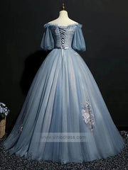 Slate Blue Long Prom Dresses Off the Shoulder Princess Dress FD1042