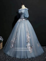 Slate Blue Long Prom Dresses Off the Shoulder Princess Dress FD1042