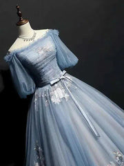 Slate Blue Long Prom Dresses Off the Shoulder Princess Dress FD1042
