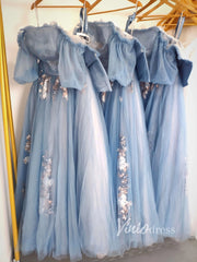 Slate Blue Long Prom Dresses Off the Shoulder Princess Dress FD1042