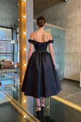 Stunning Off-the-Shoulder Black Prom Dress Tea Length Satin Formal Dress